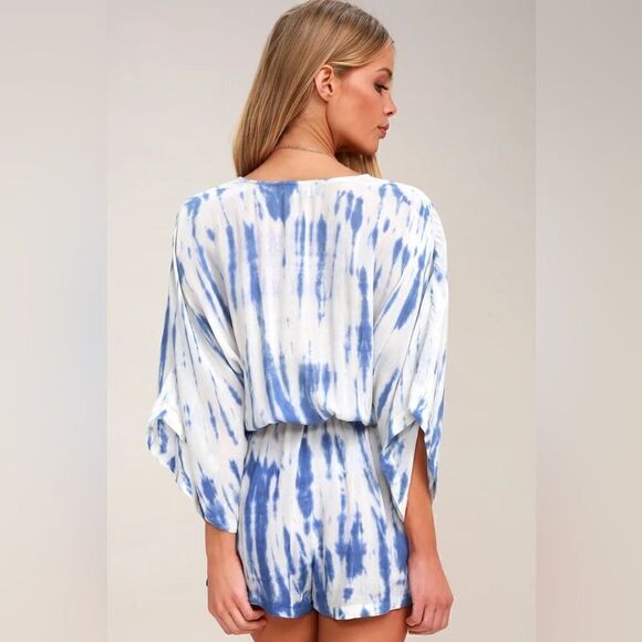 Lulus Size XS Seaside Gale Blue Tie-Dye Surplice Bodice Wide Half Sleeves Romper - Picture 5 of 5